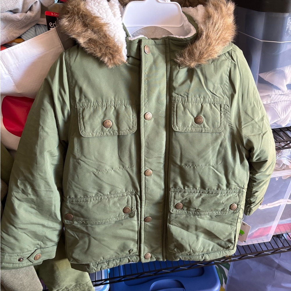 Carter's Olive Green Puffer Jacket with Faux Fur Hood
